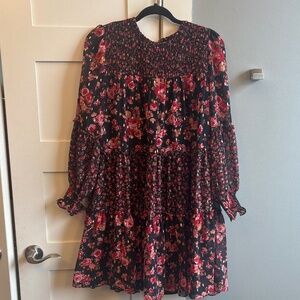 CeCe medium black pink gold floral rose long sleeve dress